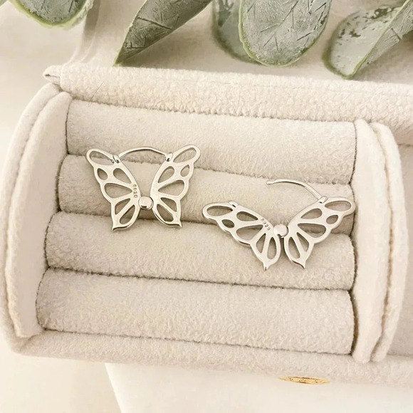 925 Sterling Silver Butterfly Hoop Earrings Butterfly Huggies Small Huggies - Picture 2 of 5